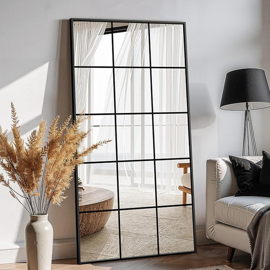Large Window Pane Full Length Mirror for Wall, 28"x55" Black Rectangular Wall Mirror for Living Room, Bedroom, Entryway, Hanging or Leaning