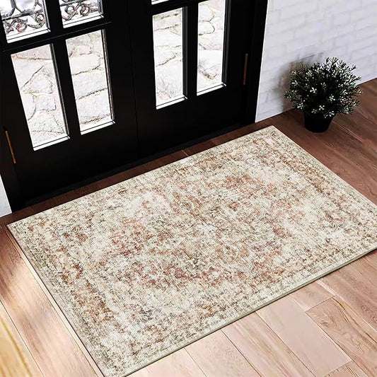 CHAMPLANT Washable Area Rug 2'x3' Door Mat Vintage Distressed Doormat Indoor Entrance Traditional Thin Rug Floral Print Non Slip Carpet for Kitchen Bathroom Bedroom Living Room