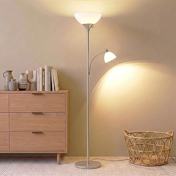 Brightech Sky Dome Plus LED Floor lamp, Torchiere Super Bright Floor Lamp with Reading Lamp for Living Rooms & Offices - Dimmable Tall Standing Lamp for Bedroom Reading - Silver
