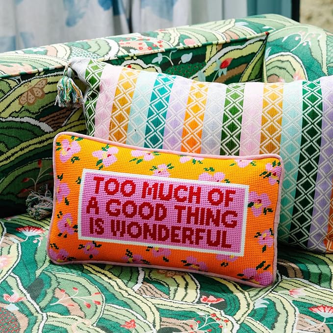 FURBISH Needlepoint Decorative Throw Pillow - Too Much - 8" x 14" - Small Embroidered Accent Pillow for Bed, Chair, Couch, Sofa - Eclectic Home Decor