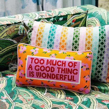 FURBISH Needlepoint Decorative Throw Pillow - Too Much - 8" x 14" - Small Embroidered Accent Pillow for Bed, Chair, Couch, Sofa - Eclectic Home Decor