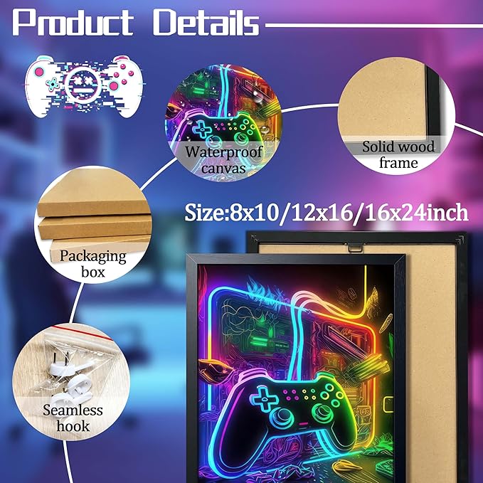 Boys Room Game Wall Decor Wall Decor, Neon Gaming Accessories Theme Wall Art, Colorful Neon Gamepad Canvas Painting Prints for Children Youth Boys Bedroom Decor 12x16 Inch Framed
