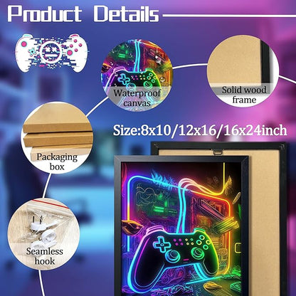Boys Room Game Wall Decor Wall Decor, Neon Gaming Accessories Theme Wall Art, Colorful Neon Gamepad Canvas Painting Prints for Children Youth Boys Bedroom Decor 12x16 Inch Framed