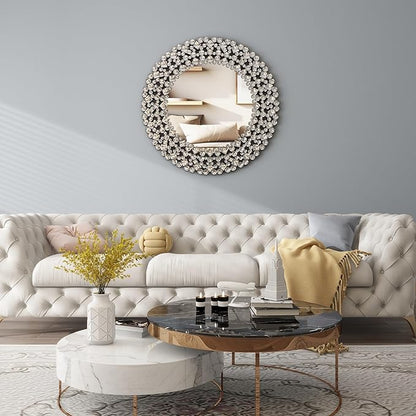 SHYFOY 34" Round Mirrors for Wall Decor,Oversize Jeweled Ornate Wall Mirror Decorative Accent Mirror Chic and Sparkly for Living Room Bathroom Bedroom Fireplace Home Decor