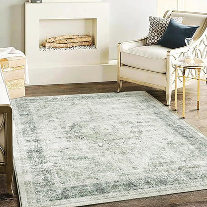 CHAMPLANT Washable Area Rug 4'x6' Floral Green Vintage Traditional Floor Cover Foldable Thin Rugs Retro Kitchen Indoor Distressed Non Slip Carpet Floral Print Mat Bedroom Living Room