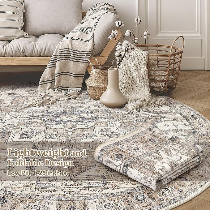 6x6 Round Area Rugs Washable Vintage - Soft Traditional Rugs for Living Room Large Non Slip Backing with Low Pile Farmhouse Oriental Retro Carpet for Bedroom Dining Room or Home Office - Tea Brown