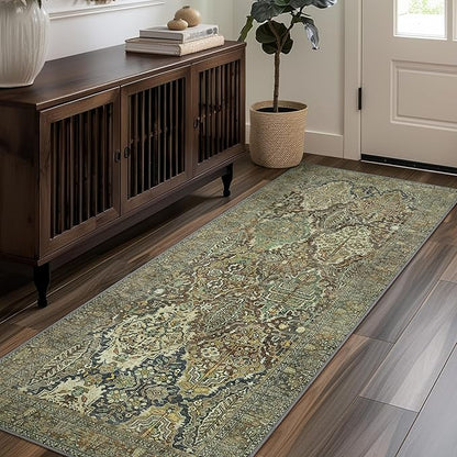 2x7 Runner Rug Machine Washable Boho Rug Runners for Hallway,Ultra-Thin Low Pile Rug,Lightweight Indoor Carpet,Non Slip Floral Runners for Enrtyway, Corridor, Home Office, Kitchen,Sage Green