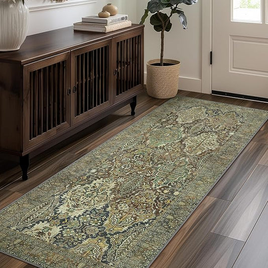 2x7 Runner Rug Machine Washable Boho Rug Runners for Hallway,Ultra-Thin Low Pile Rug,Lightweight Indoor Carpet,Non Slip Floral Runners for Enrtyway, Corridor, Home Office, Kitchen,Sage Green