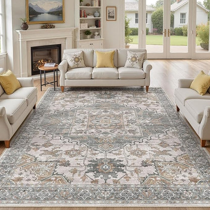 10x12 Washable Area Rugs for Living Room: Non Slip Vintage Gray Brown Rug, Large Soft Stain Resistant Indoor Floor Carpets for Bedroom Dining Room Nursery Home Office Kid & Pet Friendly