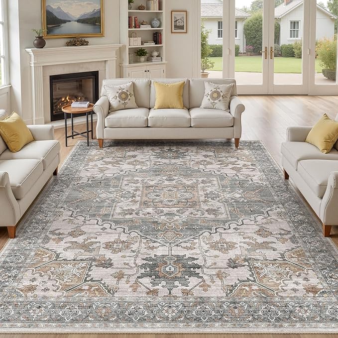 8x10 Washable Area Rugs for Living Room: Non Slip Vintage Gray Brown Rug, Large Soft Stain Resistant Indoor Floor Carpets for Bedroom Dining Room Nursery Home Office Kid & Pet Friendly