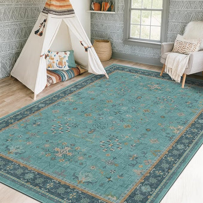 Large Boho 8x12 Teal Green Washable Living Room Rug - Vibrant Turquoise Rug for Bedroom Under Bed, Dining Room Under Table, Geometric Floral Low Pile & Soft Stain Resistant Carpet