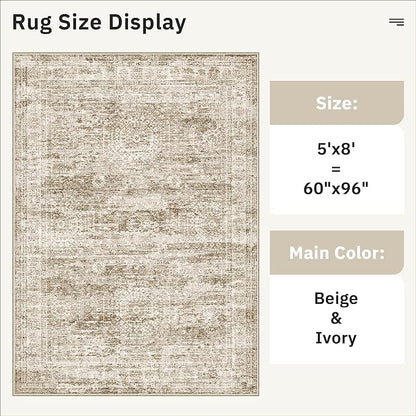 Soalmost 5x8 Area Rugs Brown Low Pile Indoor Washable Trendy Faded Style Rugs for Bedroom Living Room Dining Room Foldable Non-Slip Thin Print Home Office Mat