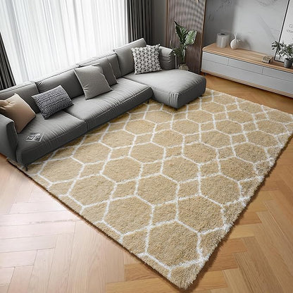 ONASAR Living Room Area Rug 6x9, Large Beige and White Geometric Floor Rugs for Bedroom Home Decor Aesthetic, Soft Fuzzy Shaggy Plush Fluffy Moroccan Carpet for Teen Nursery Dorm Classroom Office
