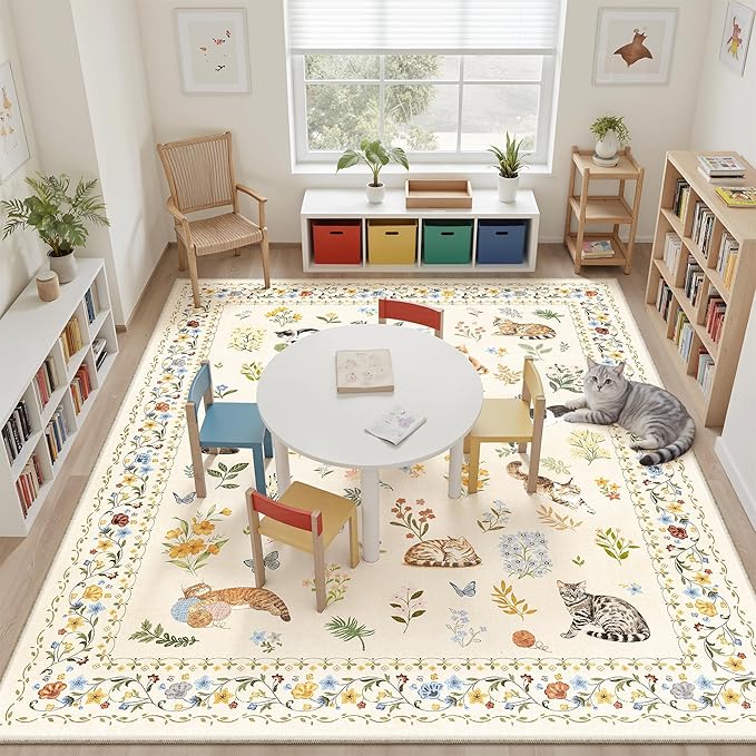 Soalmost Cat 9x12 Area Rugs for Living Room, Machine Washable Animal Floral Vintage Rug Non-Slip Low Pile Soft Throw Large Rugs for Classroom Bedroom Dining Room Nursery Playroom (9 x 12,Beige)