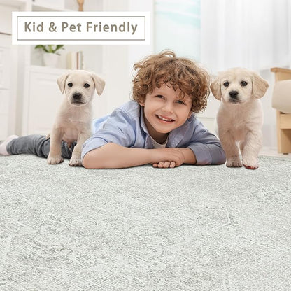 Srugn Washable Rugs 6x9 Area Rugs for Living Room,Bedroom,Large Carpets,Ultra Soft Faux Wool Retro Dining Room Rug,Non Slip&Non-Shedding Low Pile Vintage Rugs for Home Office,Concrete Grey