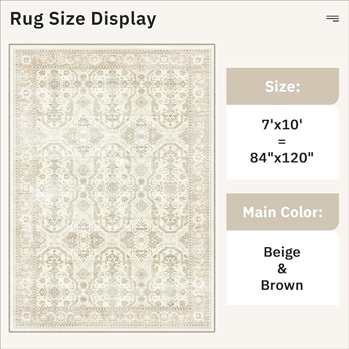 Soalmost 7x10 Area Rug for Living Room Washable Abstract Vintage Soft Thin Indoor Floor Non-Slip Carpet for Bedroom Dining Room Beige/Brown