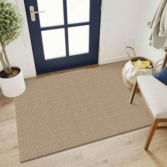 KOZYFLY Washable 3x4 Woven Entry Area Rug, Braided Throw Rugs for Entryway, Non Slip Door Mat Indoor Outdoor Entrance, Front Porch Foyer Carpet for Kitchen, mudroom, Bathroom, Orange Beige/Tan/Brown