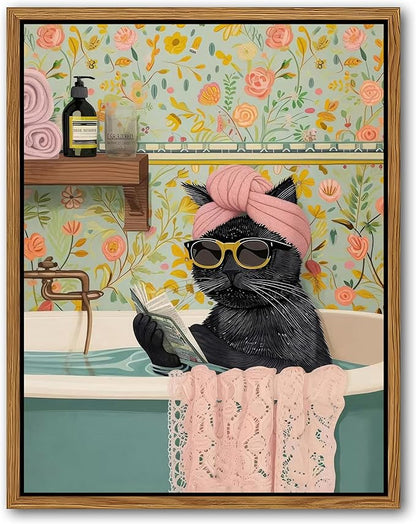 Floating Framed Bathroom Cat Canvas Wall Art, Funny Black Cat Reading Wall Decor, Cute Animal Prints Pictures Posters for Living Room Bedroom Toilet Kids Room Paintings 12x16 inch