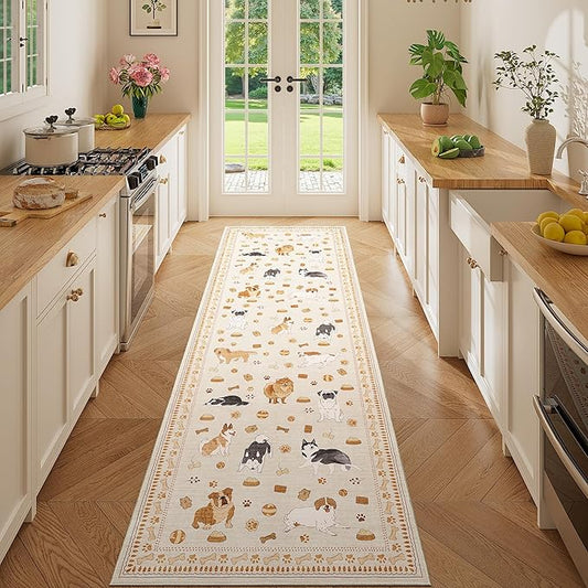 DUKINO 2x10 Runner Rug for Hallway, Washable Animal Dog Print Kitchen Rug with Low Pile, Soft Non Slip Indoor Non Shedding Long Carpet Runner for Entryway, Bedroom, Bathroom, Laundry, Beige Yellow