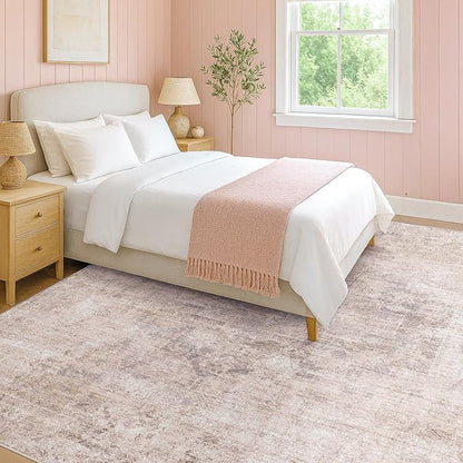 Hazo Haus Modern Rugs for Living Room 10x14 - Contemporary Dusty Pink Extra Large Area Rug for Dining Room Table, Foldable Thin Lightweight Non Slip Abstract Distressed Medallion Print Pattern