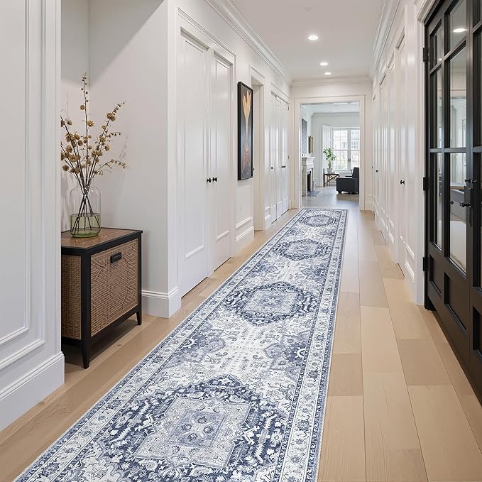 Washable 2.6x14 Runner Rug - Non Slip Long Vintage Hallway Runner Rugs for Kitchen Stain Resistant Indoor Mat Waterproof Carpet for Living Room Entryway Navy/Blue