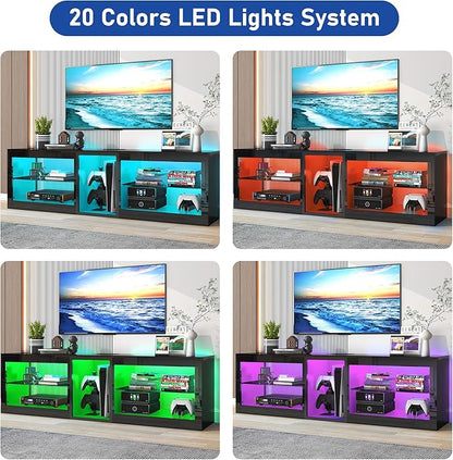 Vinctik 6&Fox LED TV Stands w/Power Outlet,60,00-Colors Lighting for 60 65in TV, 55" Modern High Gloss Entertainment Center,TV Console W/Adjustable Glass Shelves for Living Room Game Bedroom (Black)