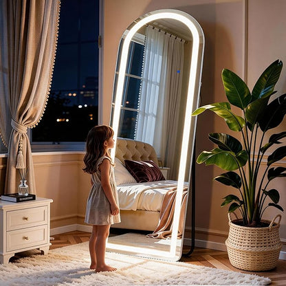 Full Length Mirror with LED Lights, 63"×20" Floor Mirror with Stand, Full Body Mirror with 3 Color Lighting Modes, Wall Mounted Mirror with Brighter Lighting Strip for Bedroom/Dressing Room