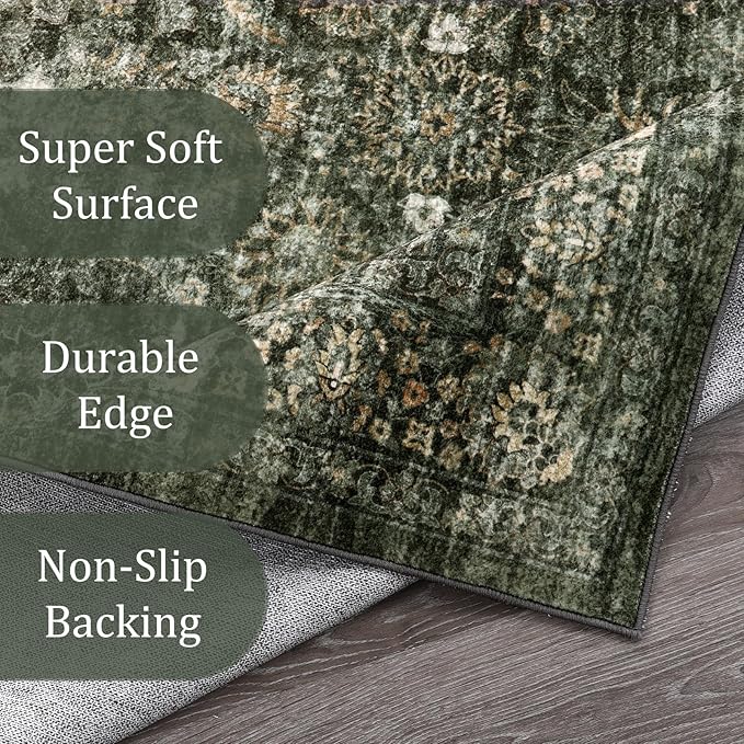 Morebes Vintage 2.5x10 Runner Rug for Hallway Non Slip,Washable Kitchen Runner Rug for Entryway Indoor,Super Soft Faux Wool Rug for Farmhouse Dining Room Indoor Playroom, Dark Green