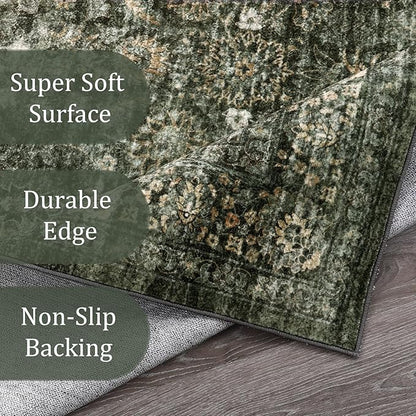 Morebes Vintage 2.5x10 Runner Rug for Hallway Non Slip,Washable Kitchen Runner Rug for Entryway Indoor,Super Soft Faux Wool Rug for Farmhouse Dining Room Indoor Playroom, Dark Green