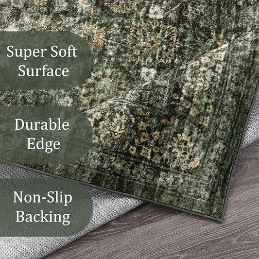 Morebes Vintage Carpet Runners for Hallway 12ft,Washable Extra Long Runner Rug for Entryway Indoor Non-Slip,Distressed Retro Soft Throw Rug for Kitchen Farmhouse Dining Room, Dark Green