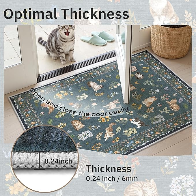 Soalmost Cat 8x10 Area Rugs for Living Room, Machine Washable Animal Floral Vintage Rug Non-Slip Low Pile Soft Throw Large Rugs for Classroom Bedroom Dining Room Nursery Playroom (8 x 10,Navy Blue)