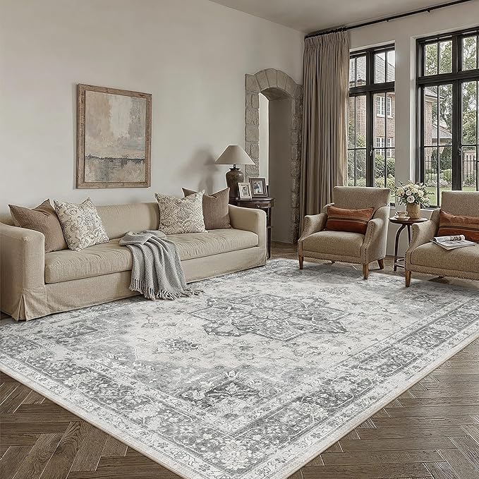PureCozy Gray 6x9 Area Rug Washable Vintage Living Room Carpet Non Slip Retro Distressed Low Pile Soft Oriental Medallion Thin Large Grey Throw Rug for Office Bedroom Dining Room Playroom