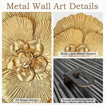 DILATATA 3 Pcs Metal Flower Wall Art Set 10 Inch Rustic Modern Floral Sculpture 3D Metal Flower Wall Hanging Accent for Indoor Living Room Bedroom Kitchen Bathroom Garden Patio Decor - Gold