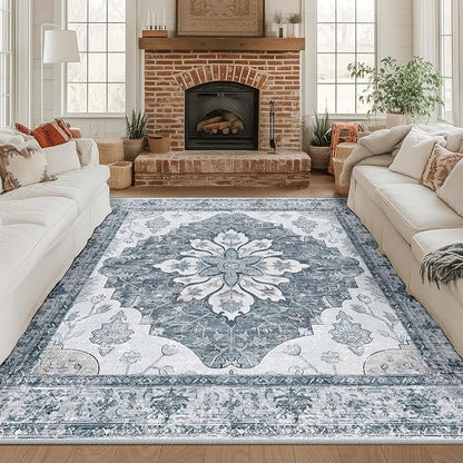 RELEANY Area Rugs Square 8ft Washable Non-Slip, Floral Vintage Distress Print Pattern Medallion Carpet for Living Room Bedroom Dining Room, Light Gray Grey White