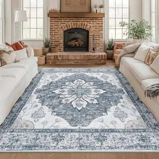 RELEANY Area Rugs Square 8ft Washable Non-Slip, Floral Vintage Distress Print Pattern Medallion Carpet for Living Room Bedroom Dining Room, Light Gray Grey White