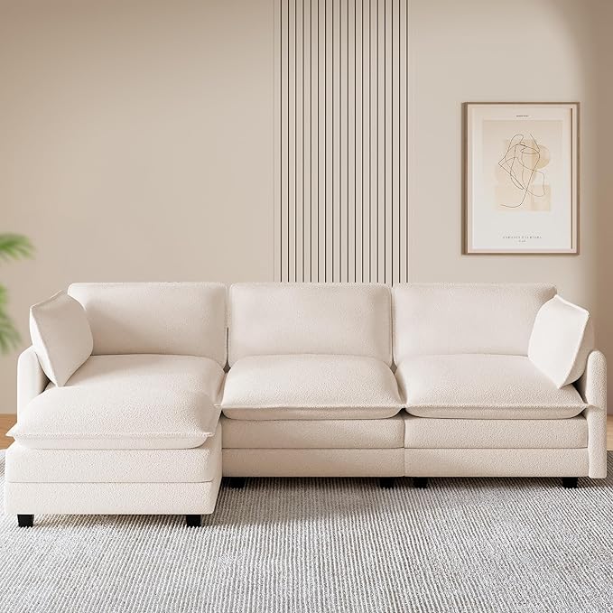 ROWHY 112'' Modular Sectional Cloud Couch with Movable Ottoman, 4 Seat Modern Chenille Sofa with 2 Throw Pillows, Deep Seat L Shaped Couch for Living Room Bedroom Apartment, Beige | Arrange Freedom