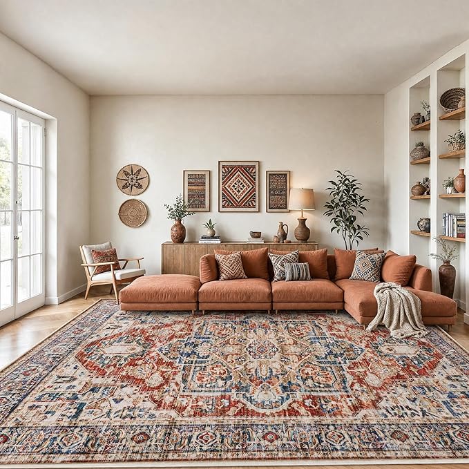AMADA HOMEFURNISHING 8x10 Washable Area Rug, Low-Profile Large Area Rug with Non-Slip Backing & Durable Edge Binding, Vintage Large Rugs for Living Room, Bedroom, Dinning Room