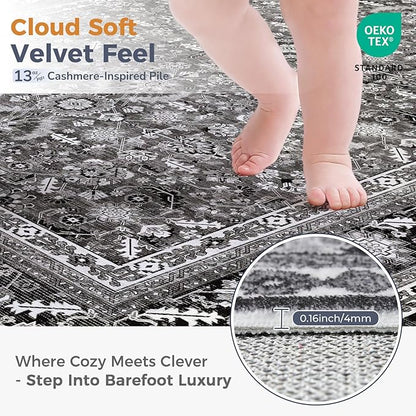 OPPODREAM Vintage Black Area Rugs 3x5, 3 x 5 Retro Washable Rug Non Slip, Low-Pile Faux Wool Carpet, Distressed Floor Mat for Living Room, Bedroom, Kitchen, Office, Dorm, Dinning Room