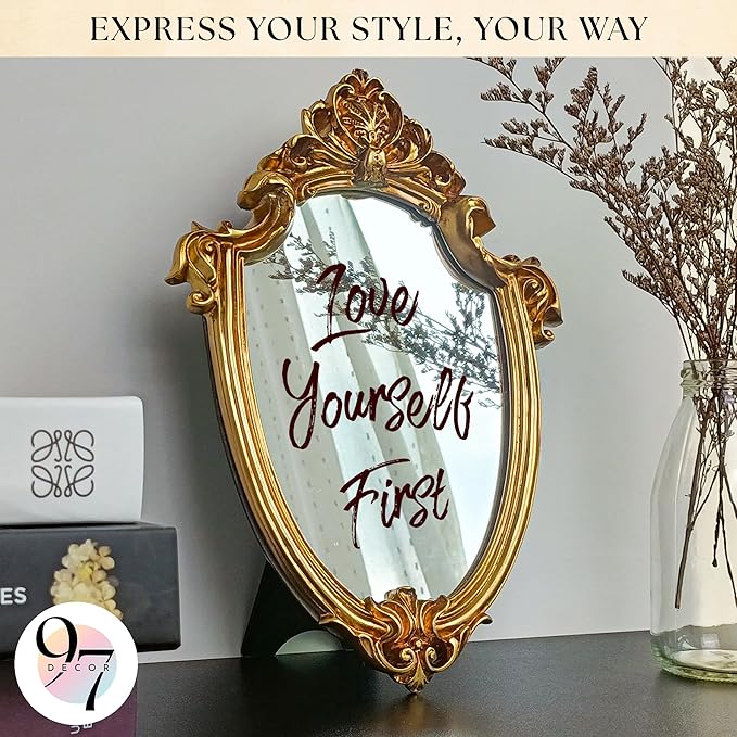 97 Decor Decorative Gold Wall Mirror Vintage Decor - Small Antique Mirror for Table Top and Wall Mounting, Ornate Vintage Mirrors Frame for Home, Bedroom, Makeup Room (11.6x9 Inch)