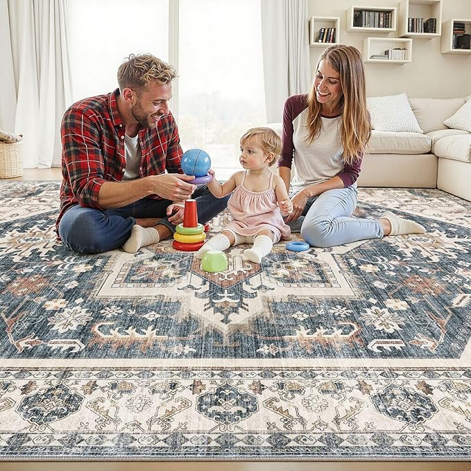 10x14 Area Rugs for Living Room - Large Carpet Ultra Thin Soft Washable Oriental Vintage Floral Distressed Rug Big Indoor Carpets for Bedroom Nursery Dorm Home Decor Aesthetic - Vintage Blue