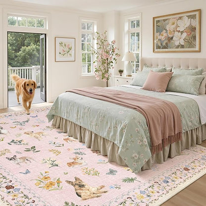 Soalmost Dog 9x12 Pink Area Rugs for Baby Girl Nursery, Washable Animal Floral Vintage Rug Non-Slip Low Pile Soft Throw Rugs for Living Room Dining Room Bedroom Playroom Classroom (9 x 12,Pink)