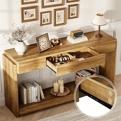 Feonase 71" Long Console Table with Drawer and LED, Wooden Farmhouse Sofa Table Behind Couch, Modern Entryway Table for Living Room, Hallway, Entrance, Foyer, Oak Brown