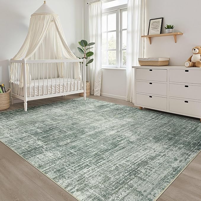 9x12 Area Rug Living Room: Washable Large Neutral Rugs Abstract Soft Modern Stain Resistant Indoor Floor Non-Slip Carpet for Bedroom Nursery Kids Office Playroom Dining Room Under Table- Dark Green
