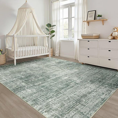 5x7 Area Rugs Living Room: Washable Large Neutral Rug Abstract Soft Modern Stain Resistant Indoor Floor Non-Slip Carpet for Bedroom Nursery Kids Office Playroom Dining Room Under Table- Dark Green