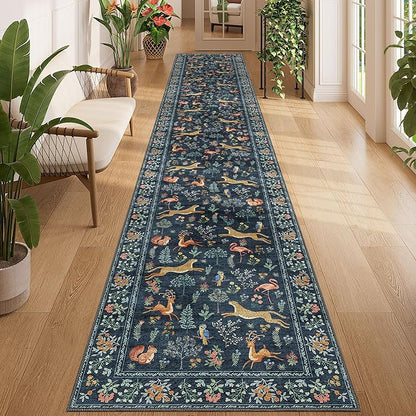DUKINO 2x12 Washable Runner Rug, Ultra Soft Vintage Animal Runner Rug for Hallway, Lightweight Non Slip & Non Shedding Loog Carpet for Kitchen, Laundry Room, Bathroom, Bedroom, Entrance, Navy Blue