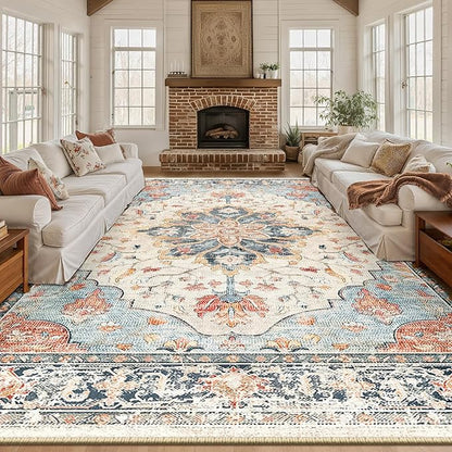 RELEANY Area Rugs 10'x14' Washable Non-Slip, Floral Vintage Distress Print Pattern Medallion Carpet for Living Room Bedroom Dining Room, Beige Navy Blue Orange Colorful