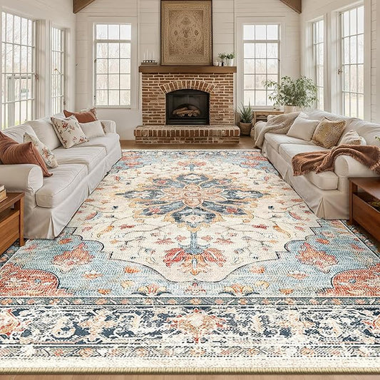 RELEANY Area Rugs 10'x14' Washable Non-Slip, Floral Vintage Distress Print Pattern Medallion Carpet for Living Room Bedroom Dining Room, Beige Navy Blue Orange Colorful