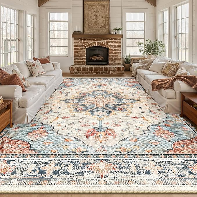 RELEANY Area Rugs 10'x12' Washable Non-Slip, Floral Vintage Distress Print Pattern Medallion Carpet for Living Room Bedroom Dining Room, Beige Navy Blue Orange Colorful