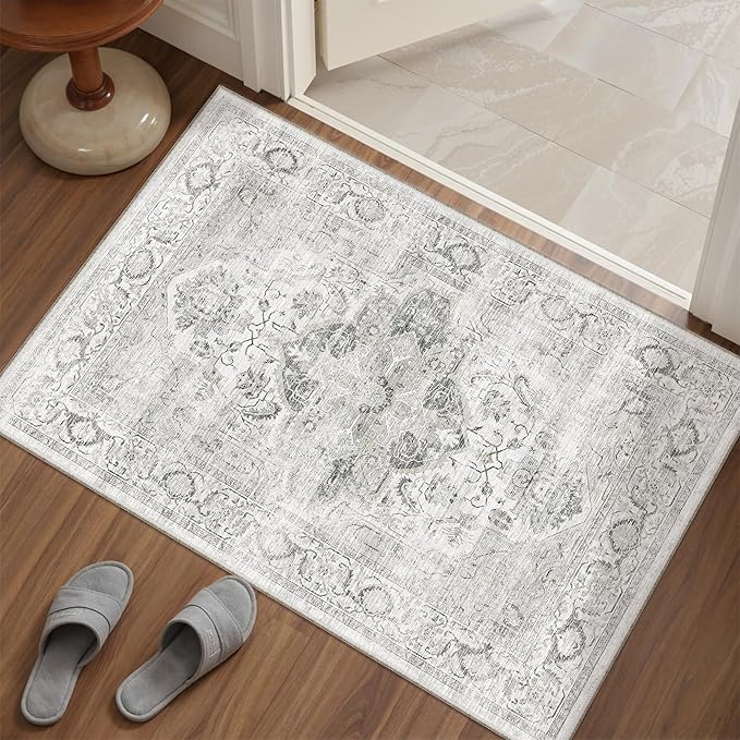 Washable 2x3 Area Rug - Non-Slip Low Pile Entryway Rug Stain Resistant Indoor Carpet for Inside Front Door Bedroom Kitchen Bathroom Ivory/Gray