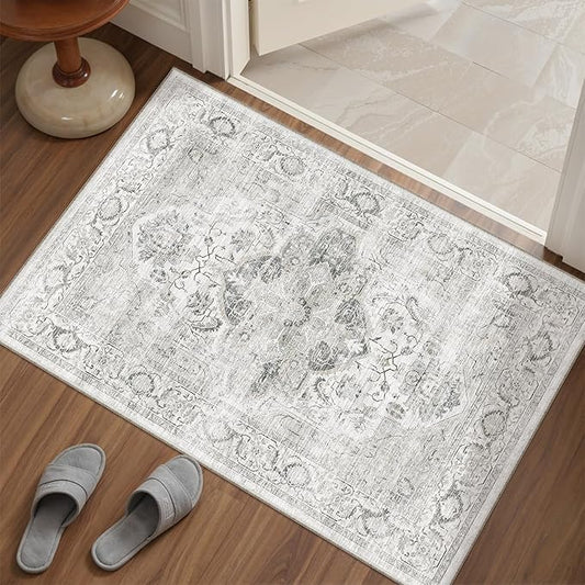 Washable 2x3 Area Rug - Non-Slip Low Pile Entryway Rug Stain Resistant Indoor Carpet for Inside Front Door Bedroom Kitchen Bathroom Ivory/Gray